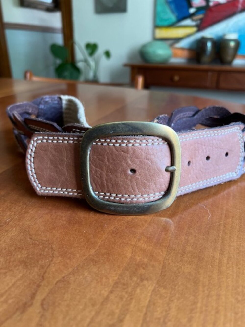 Vintage Fossil Woven Leather Mixed-Media Brass Buckle Belt Size Medium